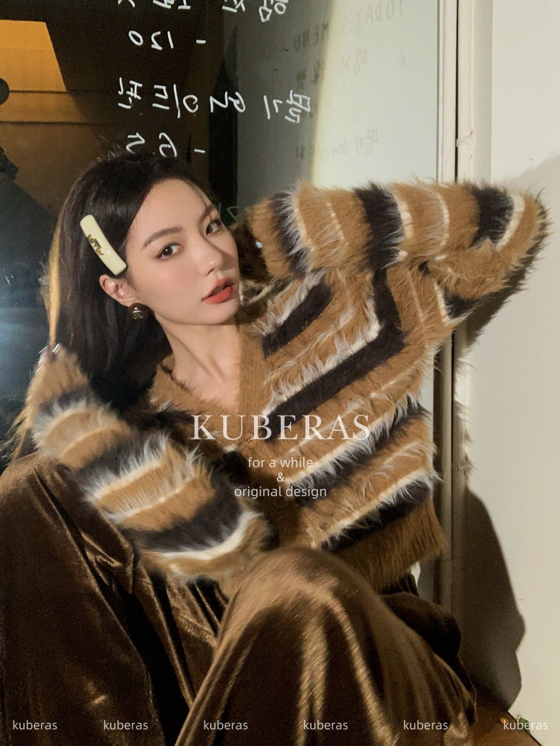 PROMONE綿綿觸感小眾寬鬆慵懶感印花條紋加厚毛絨毛衣開衫外套女