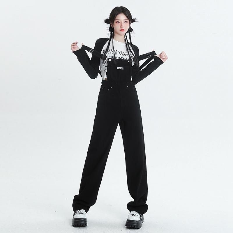 Salt black high-waisted denim overalls for women  spring and autumn new loose and versatile age-reducing wide-leg jumpsuits