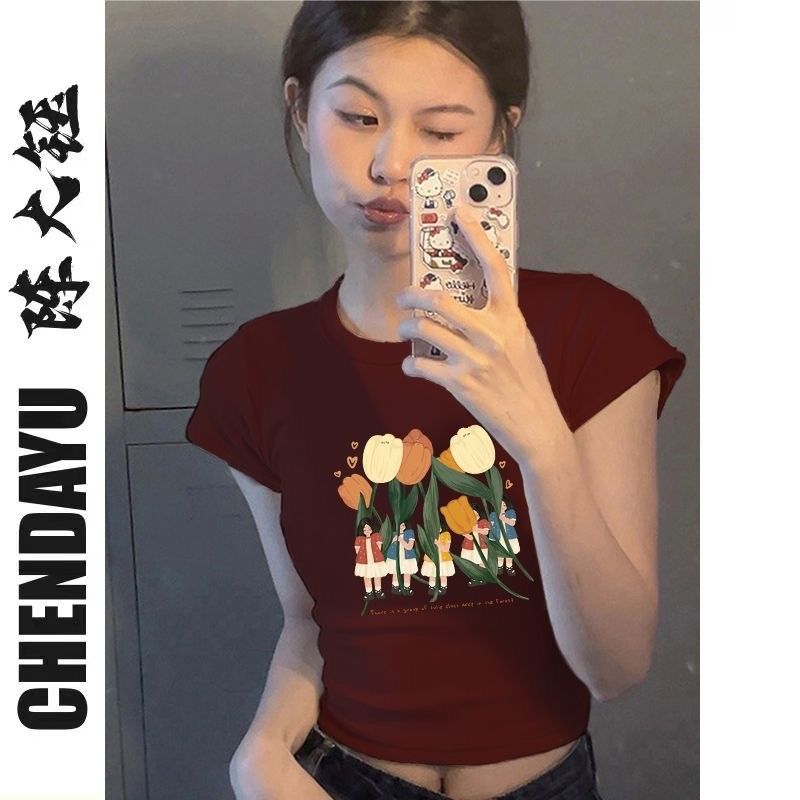陳大鈺美式高街設計感短袖女夏季辣妹修身圓領短款卡腰上衣ins風