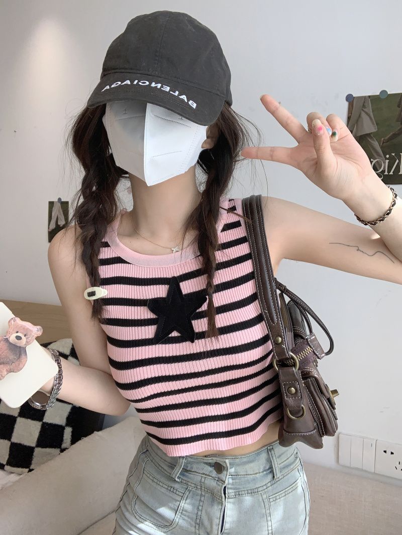 辣妹短款高腰星星針織背心女外穿夏季新款設計感無袖小眾吊帶上衣