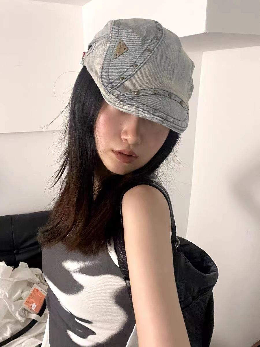 Trendy rivet denim forward hat female y2k subculture big head circumference British style thin section face small beret