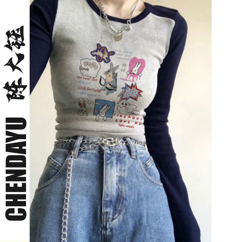 美式辣妹灰色插肩緊身t恤女長袖早秋季復古假兩件打底衫薄款上衣