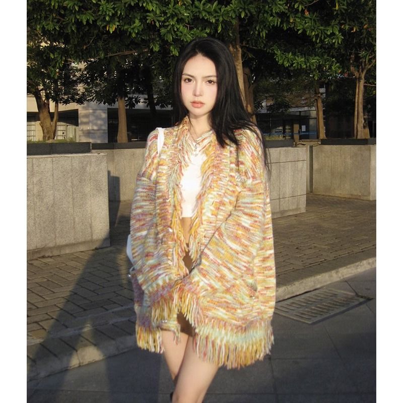 慵懶風彩虹流蘇設計感復古氣質針織開衫女冬季新款高級感百搭上衣