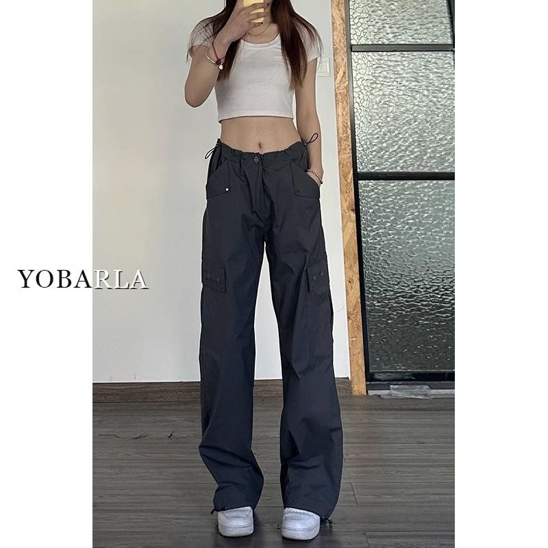美式高街hiphop抽繩直筒工裝褲女2023夏季新款寬鬆顯瘦辣妹拖地褲