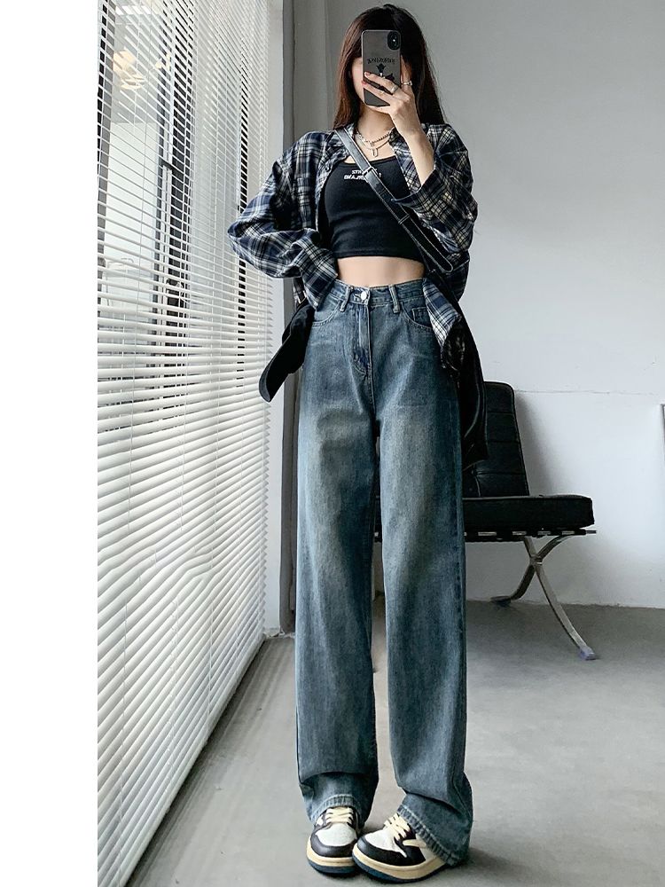 YSYOURS高腰復古闊腿牛仔褲女夏季薄款直筒寬鬆顯瘦大碼拖地長褲