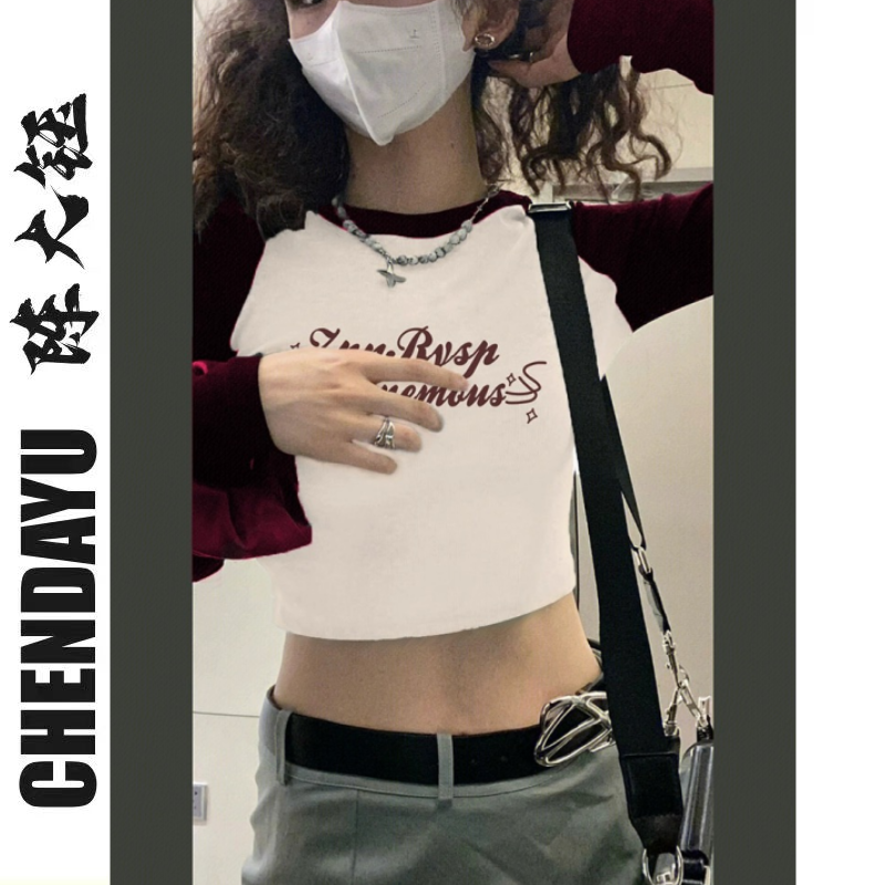 字母印花拼色長袖T恤女秋季美式復古風辣妹穿搭小眾別致獨特上衣