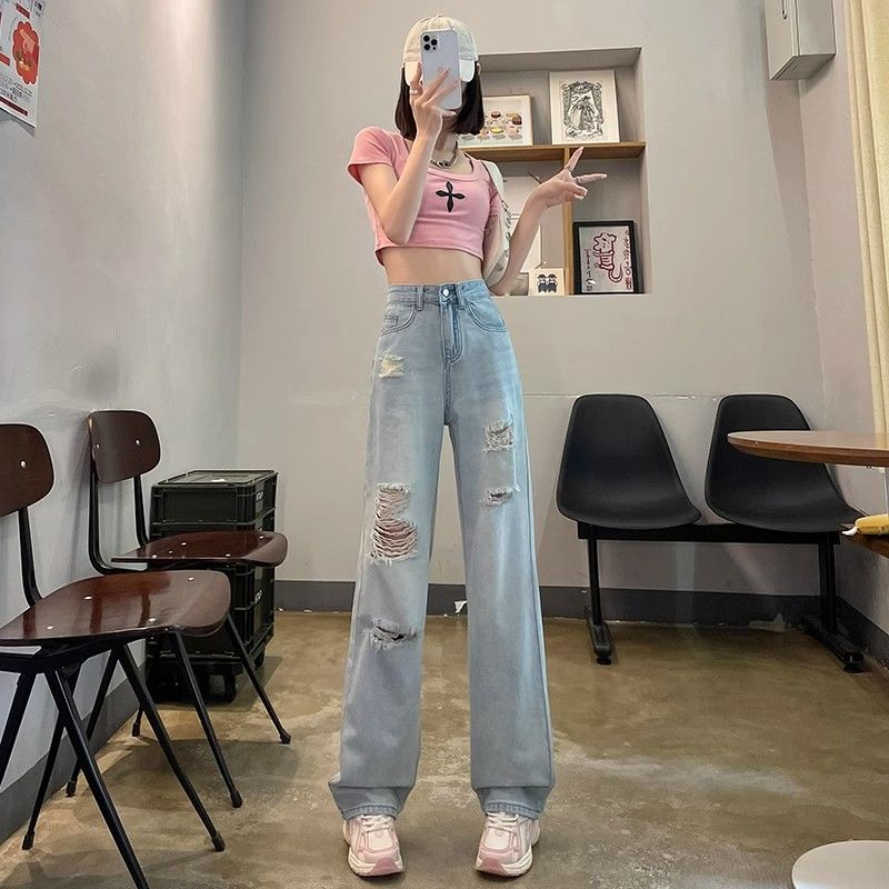 高腰垂感破洞牛仔褲女直筒寬鬆2023年夏季薄款小個子顯瘦闊腿褲子