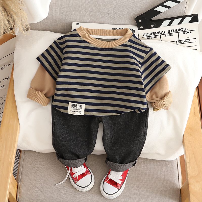 Boys' spring and autumn suit, children's Korean style new jeans two-piece set, baby's autumn handsome and fashionable clothes for outer wear