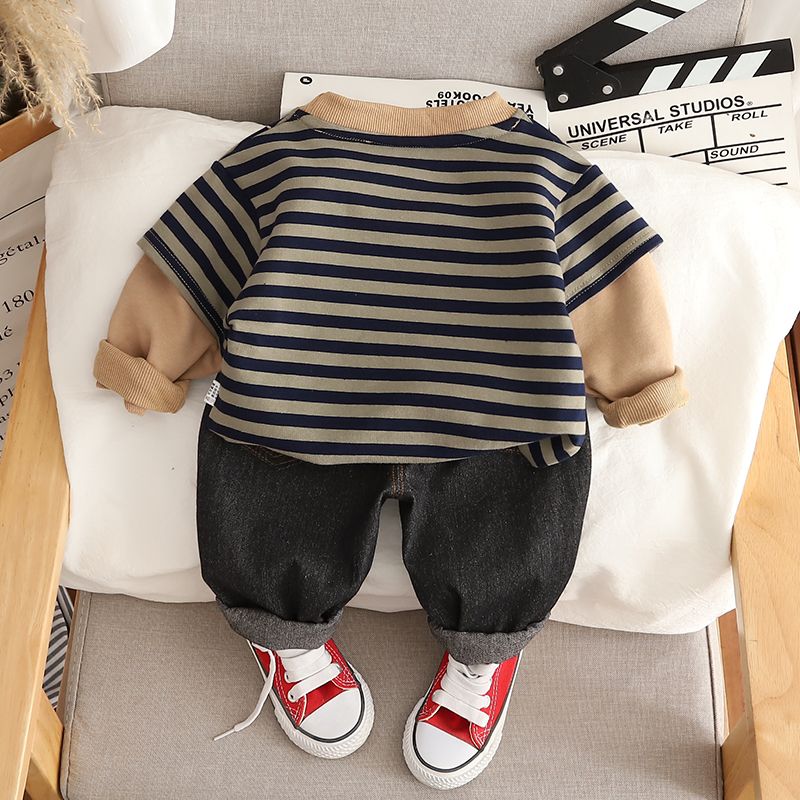 Boys' spring and autumn suit, children's Korean style new jeans two-piece set, baby's autumn handsome and fashionable clothes for outer wear