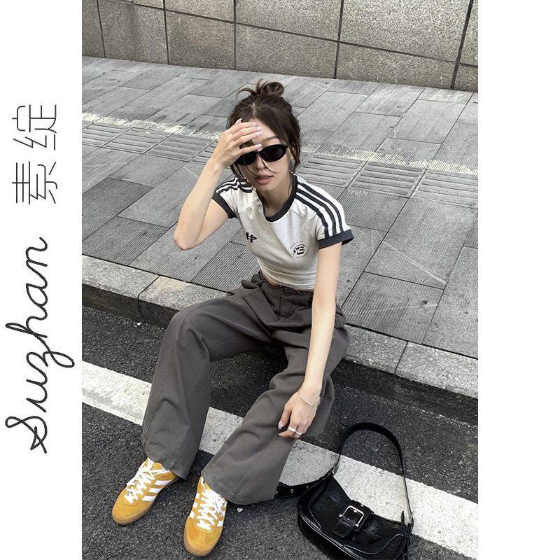 新款潮牌個性印花短款撞色拼接高腰上衣女美式顯瘦露臍條紋t恤衫