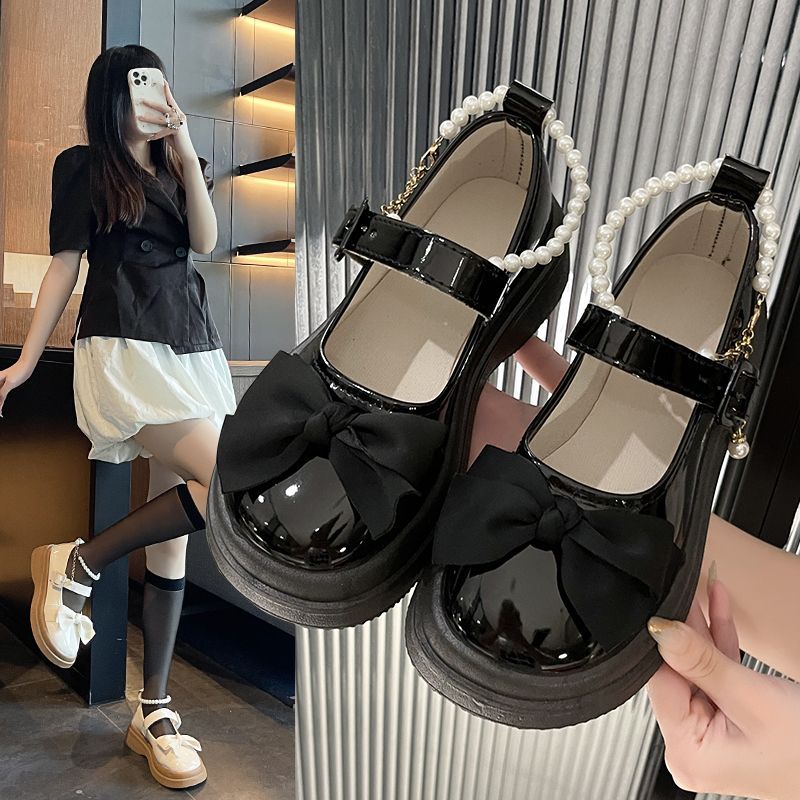 WRQC蝴蝶結小皮鞋女2023新款百搭配裙子JK瑪麗珍鞋珍珠一字扣單鞋