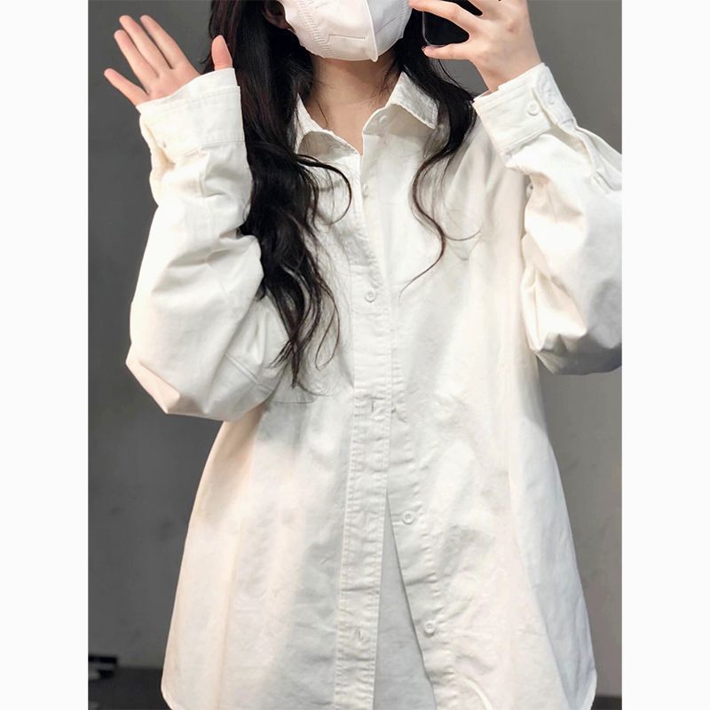 休閒chic港味長袖襯衫2023春秋寬鬆白色襯衣設計感百搭翻領上衣女