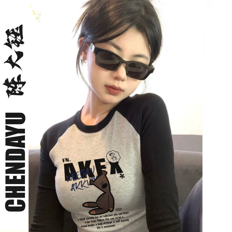 字母印花拼色長袖T恤女秋季美式復古風辣妹穿搭小眾別致獨特上衣