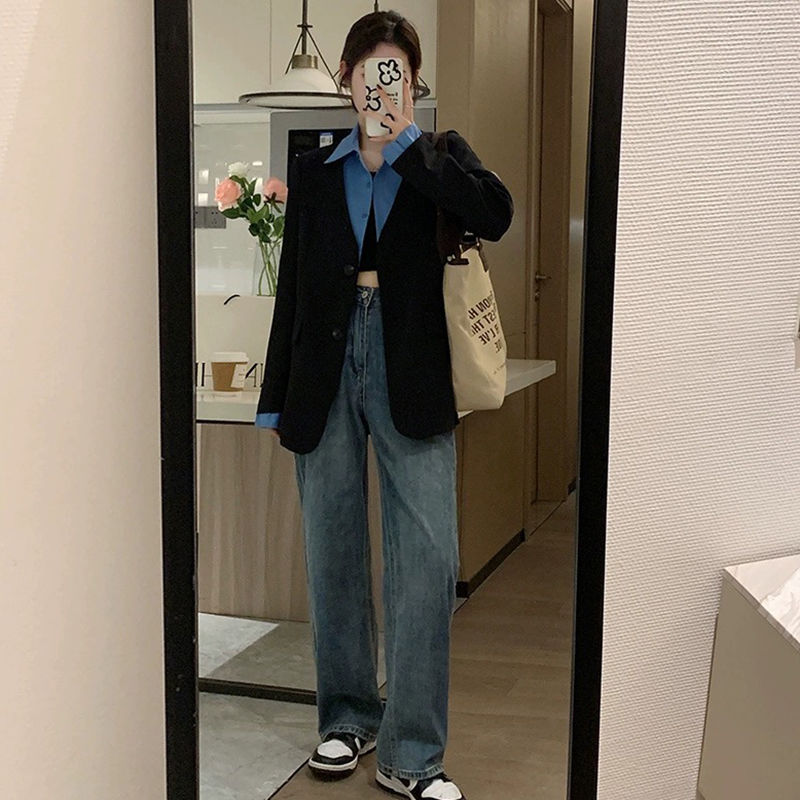 高級感黑色西裝外套女假兩件2023新款春秋設計休閒韓系小西服上衣