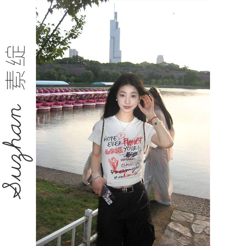 多巴胺女孩復古塗鴉字母印花短袖t恤女夏季新款小眾外穿顯瘦上衣