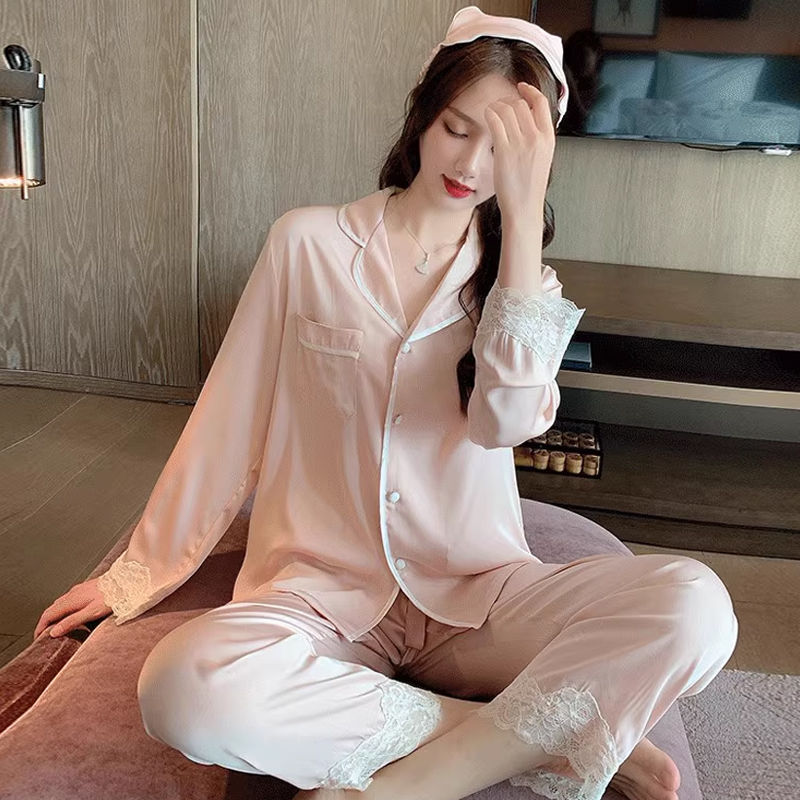 春秋季薄款睡衣女冰絲綢網紅高級感寬鬆甜美家居服套裝長袖可外穿