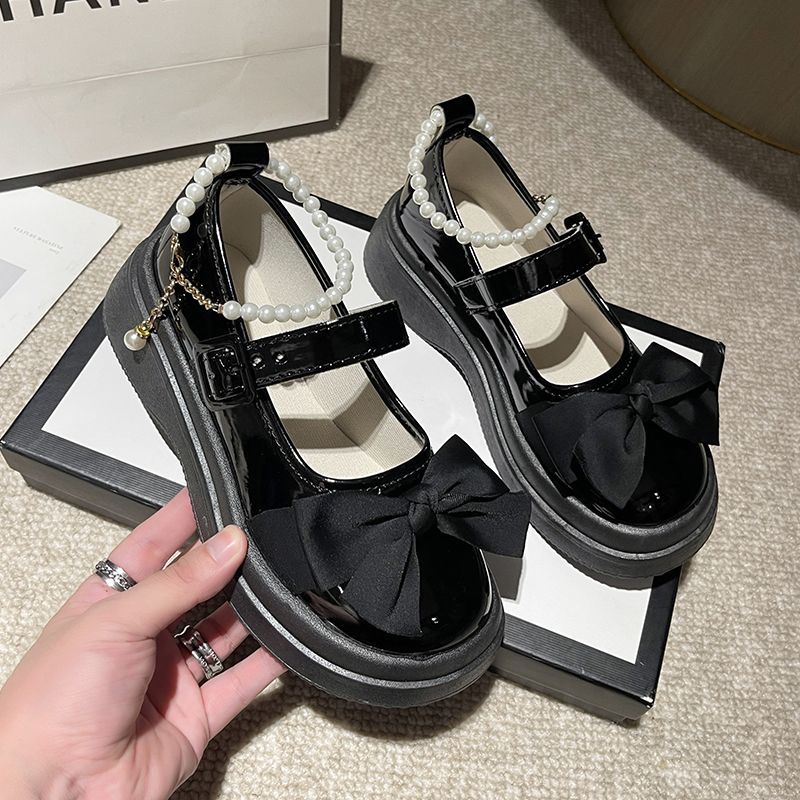 WRQC蝴蝶結小皮鞋女2023新款百搭配裙子JK瑪麗珍鞋珍珠一字扣單鞋