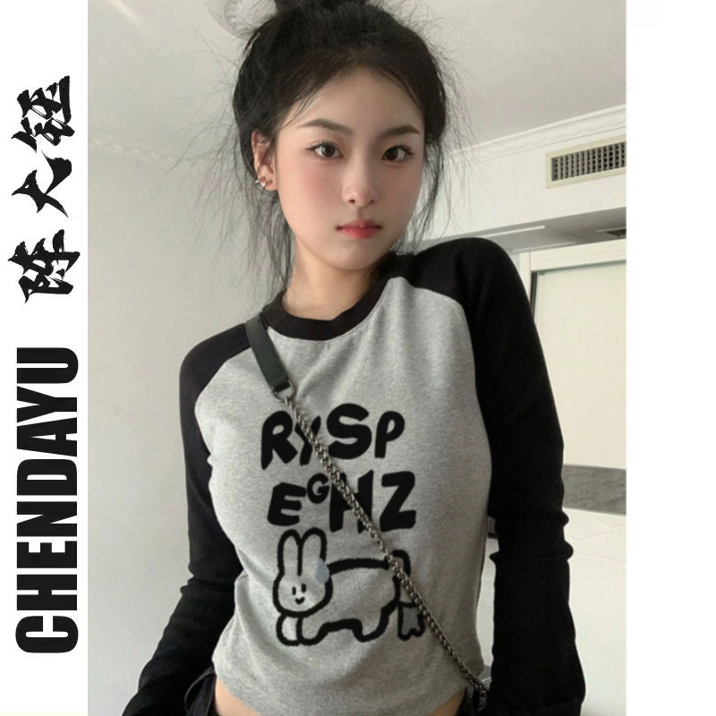 辣妹甜酷音樂節秋季薄插肩長袖女秋季薄款2023新款緊身打底衫上衣