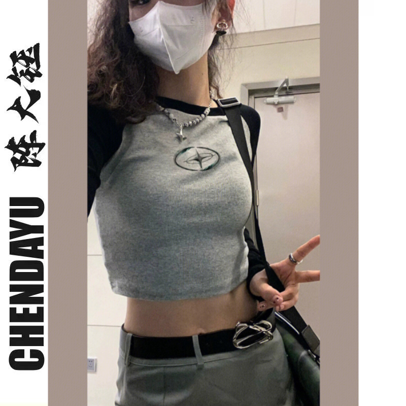 美式辣妹緊身t恤女長袖早秋季復古拼接插肩百搭打底衫上衣