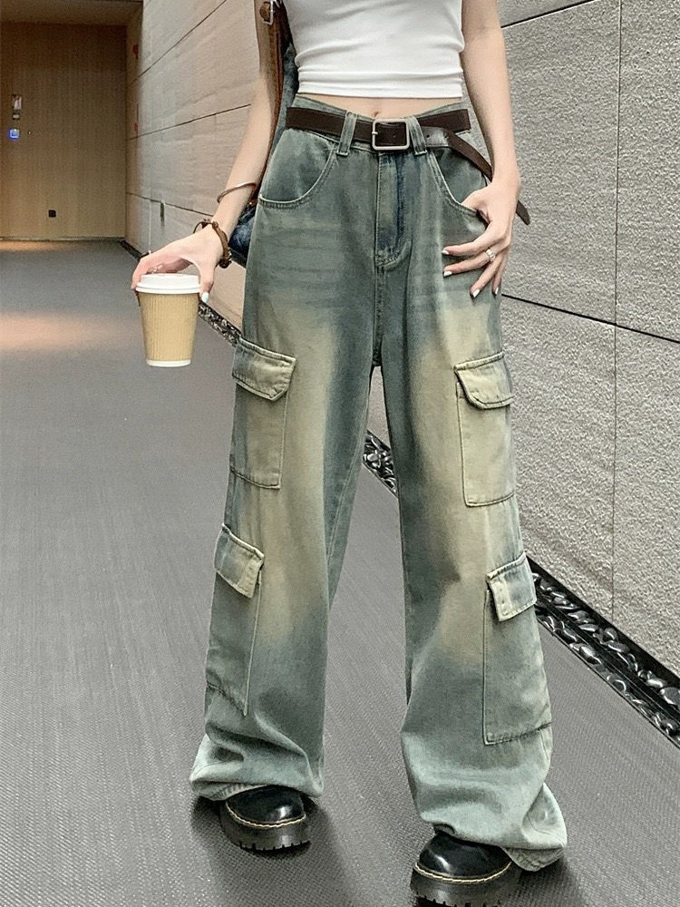 美式復古工裝牛仔褲女秋季甜酷寬鬆高腰顯瘦直筒闊腿褲子拖地長褲