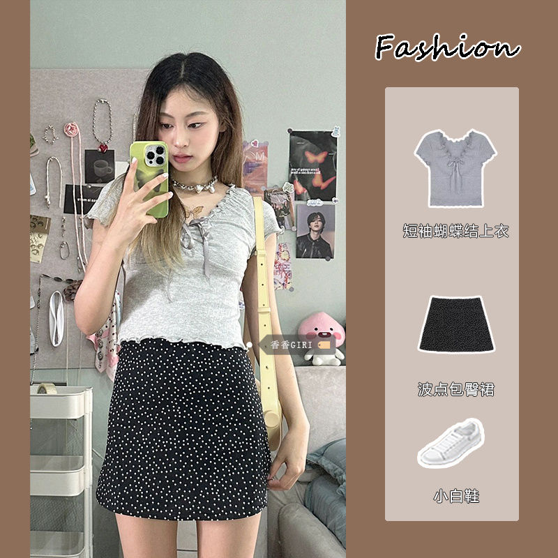 甜美風顯瘦短袖蝴蝶結上衣套裝女夏波點a字半身裙子辣妹木耳邊T恤