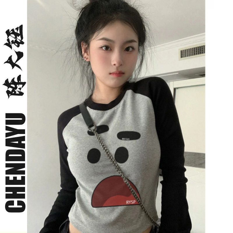 高級感超好看辣妹緊身t恤女長袖早秋薄款美式質感打底衫插肩上衣