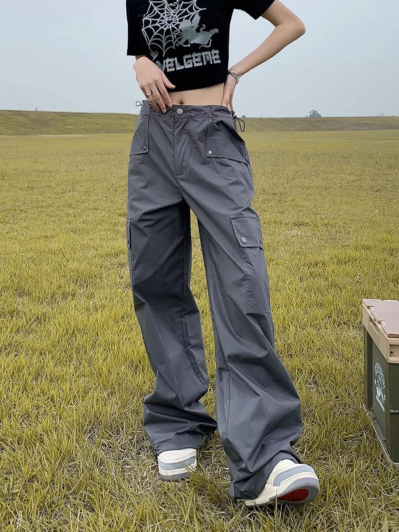 美式復古灰色傘兵工裝褲女直筒寬鬆嘻哈高腰伐木多口袋休閒褲子男