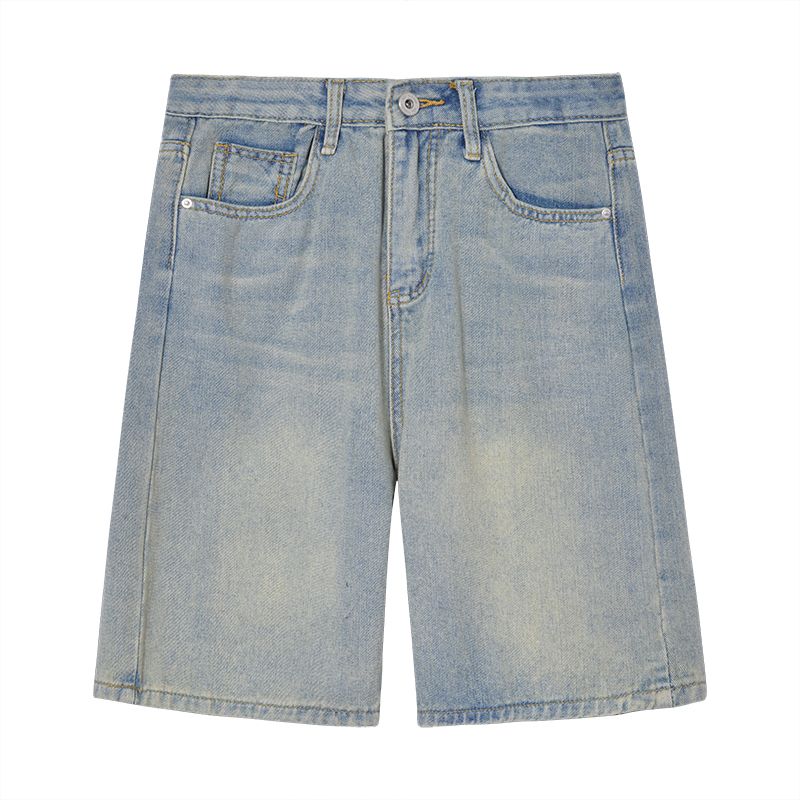 Retro washed jeans women's summer high-waisted loose straight wide-leg shorts slim blue mid-length pants