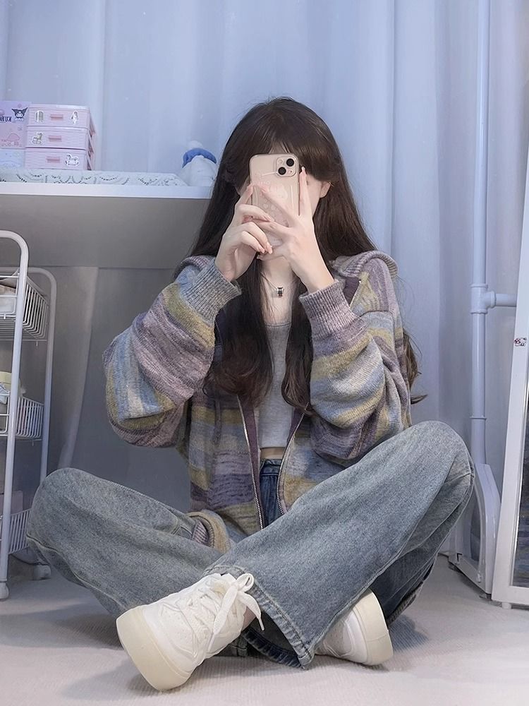 早秋季條紋連帽毛衣女小香風氣質長袖外套設計口袋開衫上衣中長款