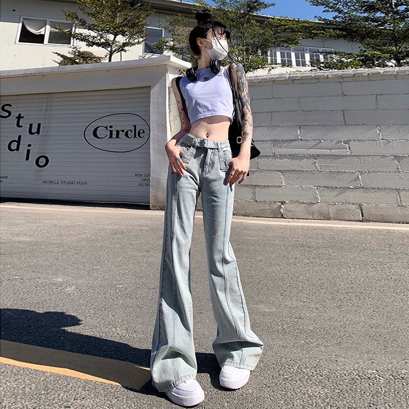 淺藍色微喇牛仔褲女復古高腰寬鬆顯瘦辣妹設計感拖地直筒喇叭褲子