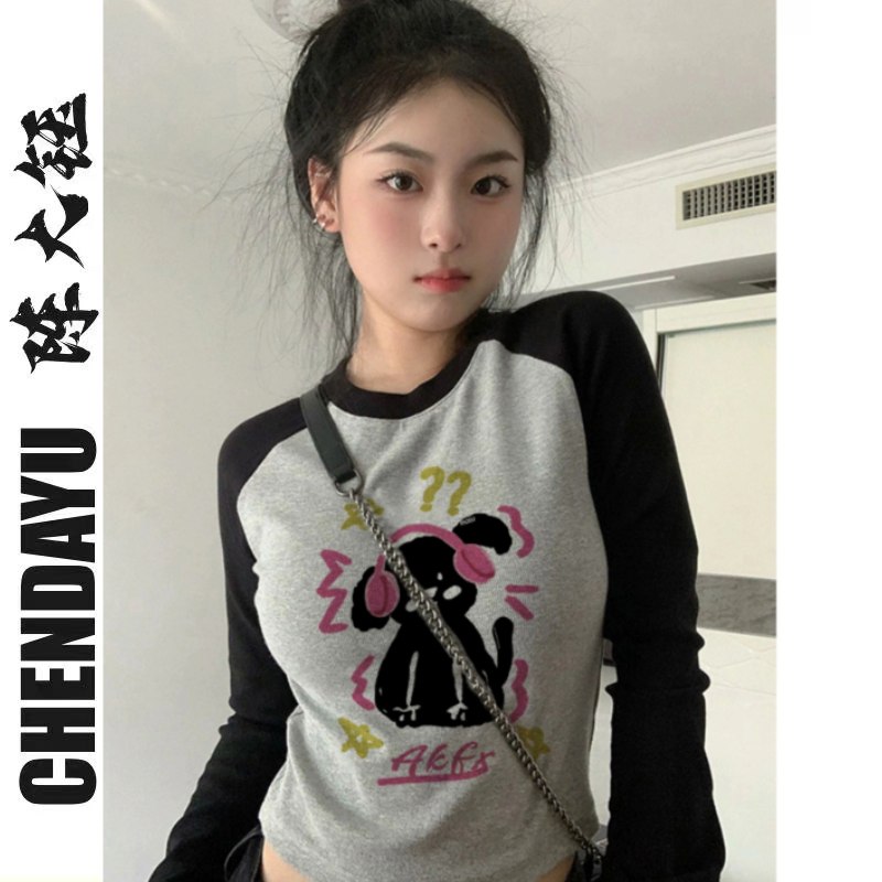 美式辣妹緊身t恤女長袖早秋季復古拼接插肩百搭打底衫上衣