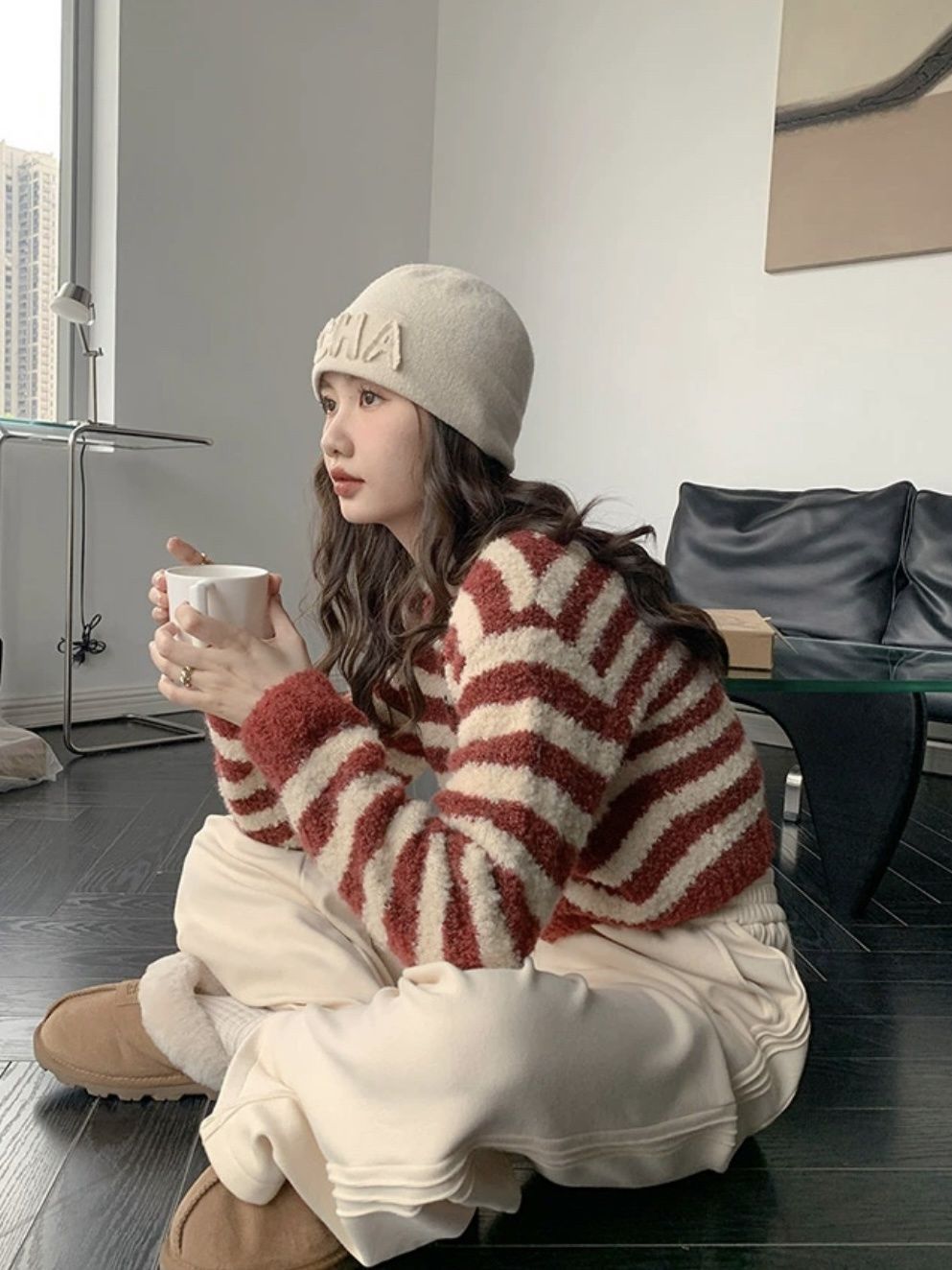 糯圈圈設計紗小眾女2023短款軟毛衣開衫秋冬感女新款上衣顯瘦條紋