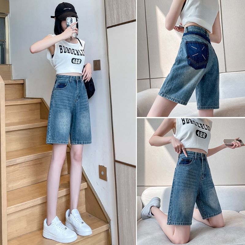 YSYOURS復古直筒牛仔短褲女夏季寬鬆百搭撞色大碼刺繡高腰五分褲