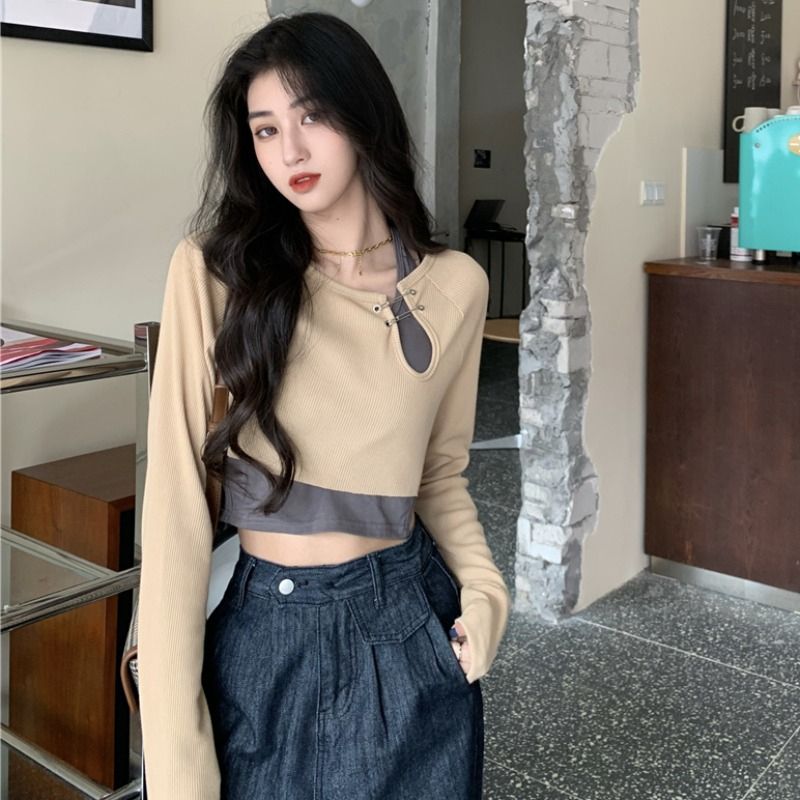 辣妹不規則掛脖背心兩件套長袖T恤女早秋修身顯瘦短款上衣打底衫