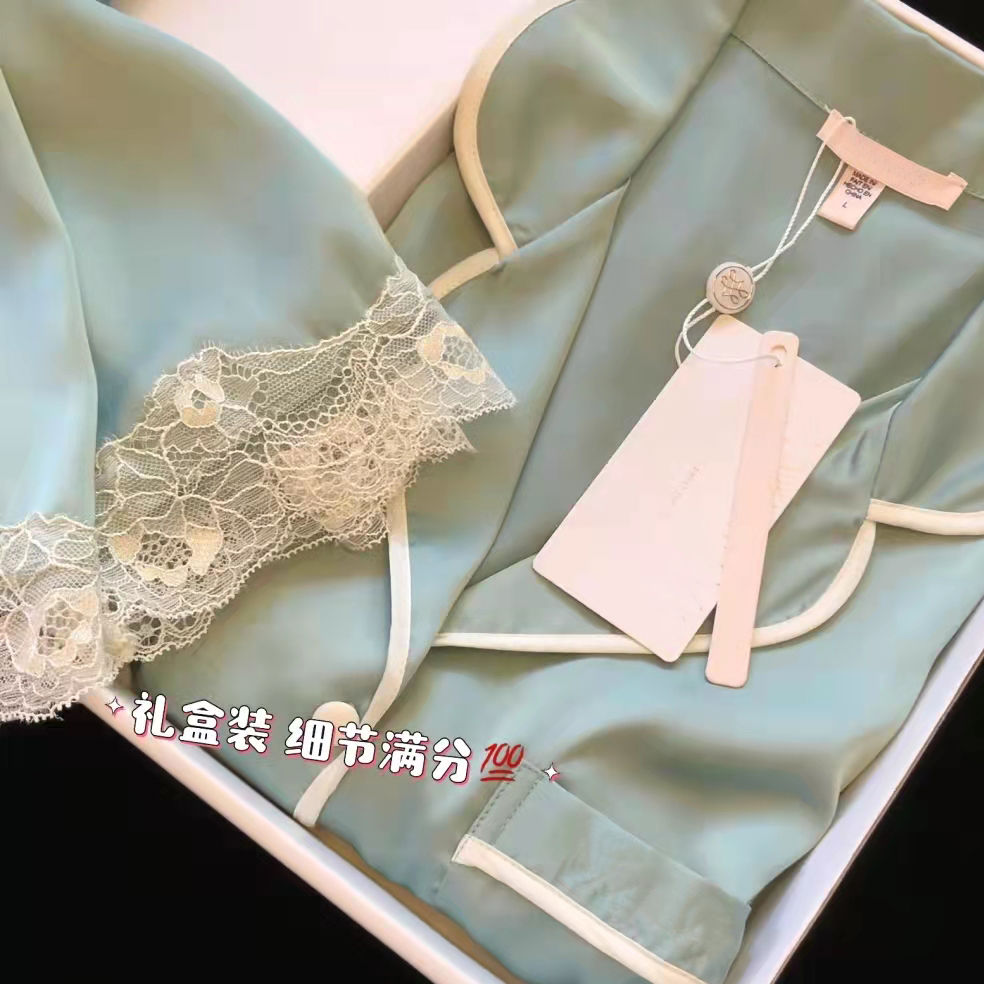 2023年新款ins高級感網紅長袖睡衣女春秋冰絲薄款奢華家居服套裝