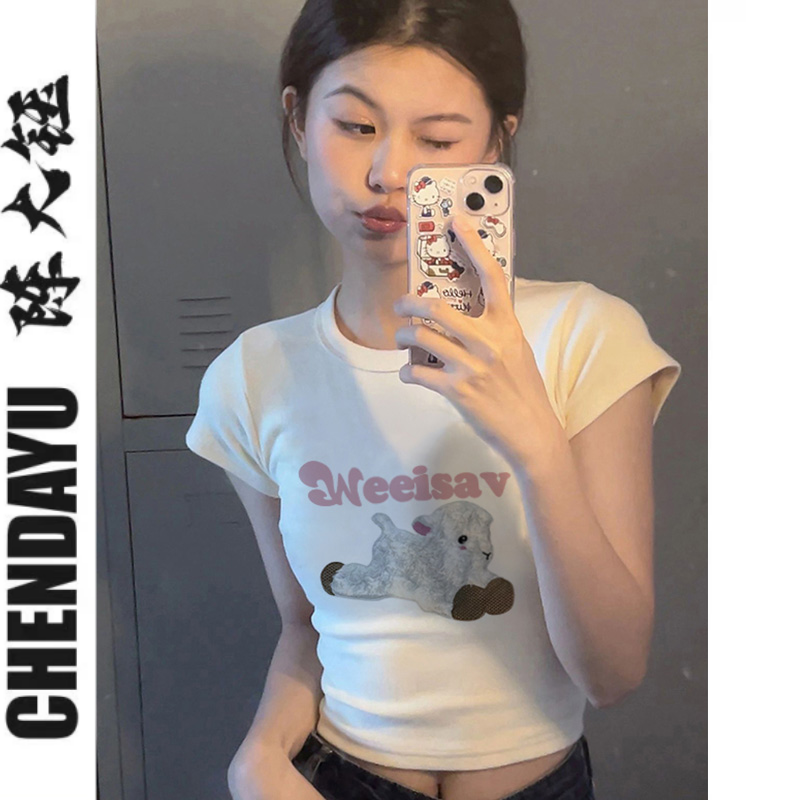 陳大鈺正肩短袖T恤女短款夏季2023年新款小羊印花小眾上衣體恤ins