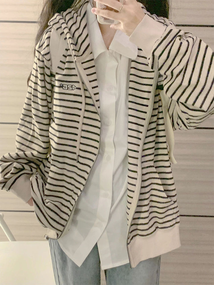 【雙層帽】春秋條紋T恤女胖mm撞色簡約顯瘦百搭正肩上衣潮ins潮