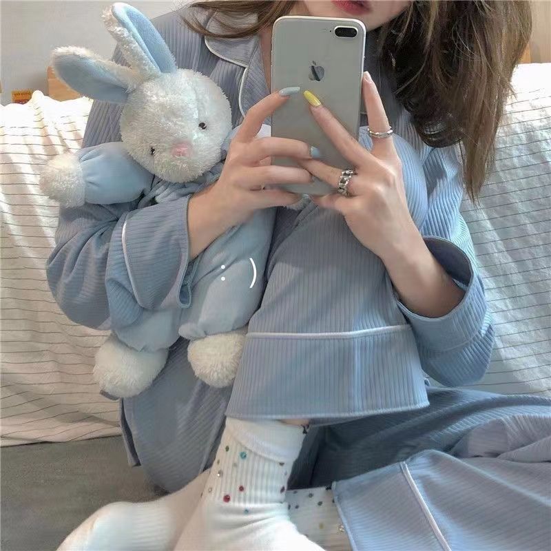 春夏新款ins睡衣女日系甜美簡約學生少女休閒簡約長袖家居服套裝