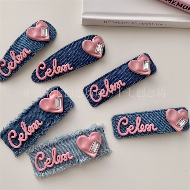 Design sense sweet and cool denim hair clip pink love letter hair card high value bangs side bb clip hair accessories female