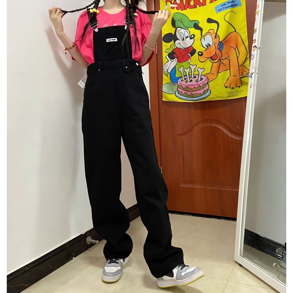 Small denim overalls for women  spring and autumn new high-waisted loose slimming age-reducing straight wide-leg jumpsuit