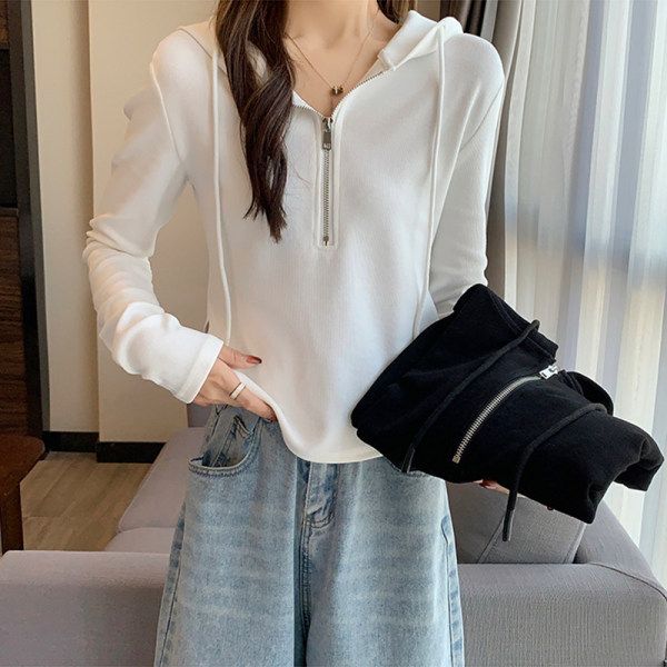 純欲風拉鏈連帽長袖t恤女2023春秋季新款打底小衫內搭短款上衣ins