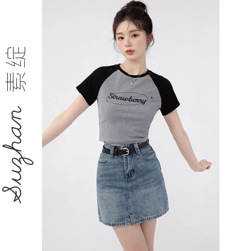 韓版插肩袖字母印花短款正肩t恤衫美式設計感撞色拼接百搭上衣服