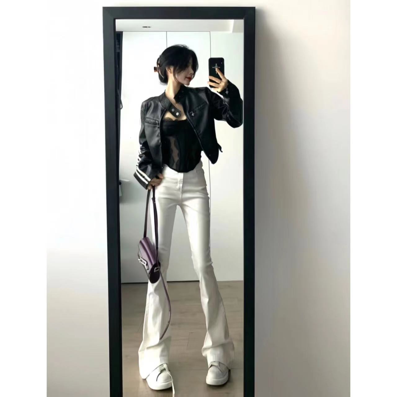 白色秋冬季微喇叭牛仔褲女修身顯瘦彈力拖地長褲馬蹄潮流簡約