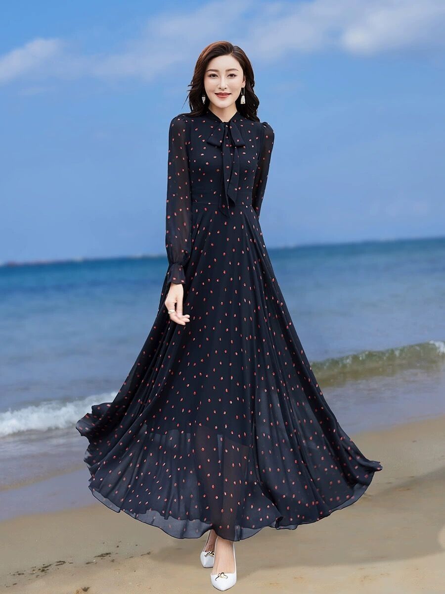 黑色印花雪紡連衣裙女2023新款超仙大擺旅遊度假三亞沙灘長款裙子