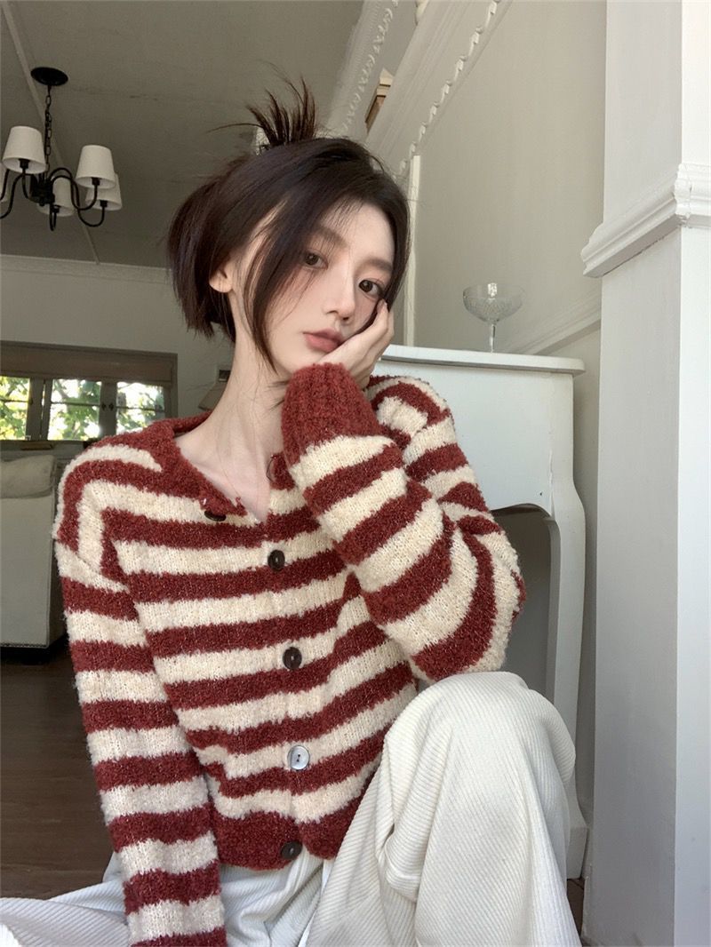 日系復古撞色條紋針織開衫小眾設計感短款女士上衣小個子毛衣外套