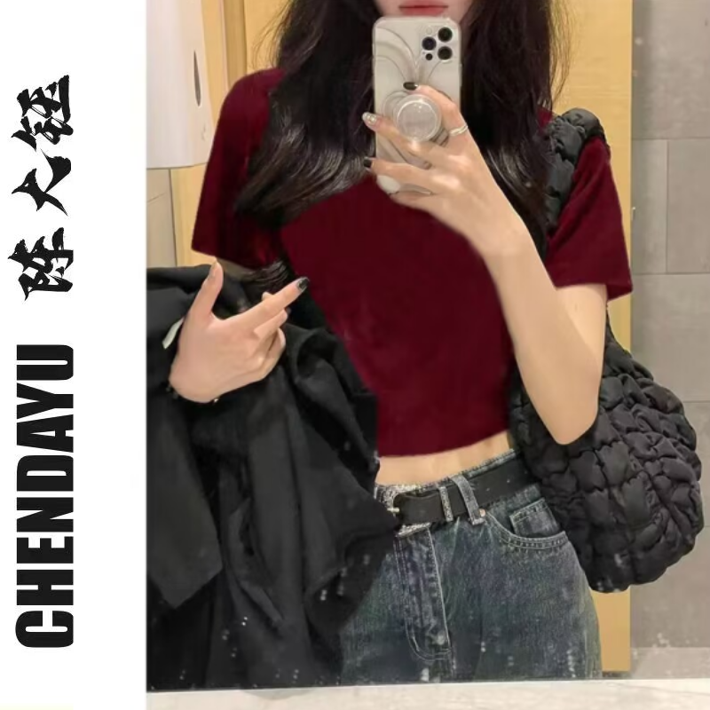 酒紅短袖t恤設計感小眾復古甜辣妹短款上衣女夏日多巴胺尚潮穿搭