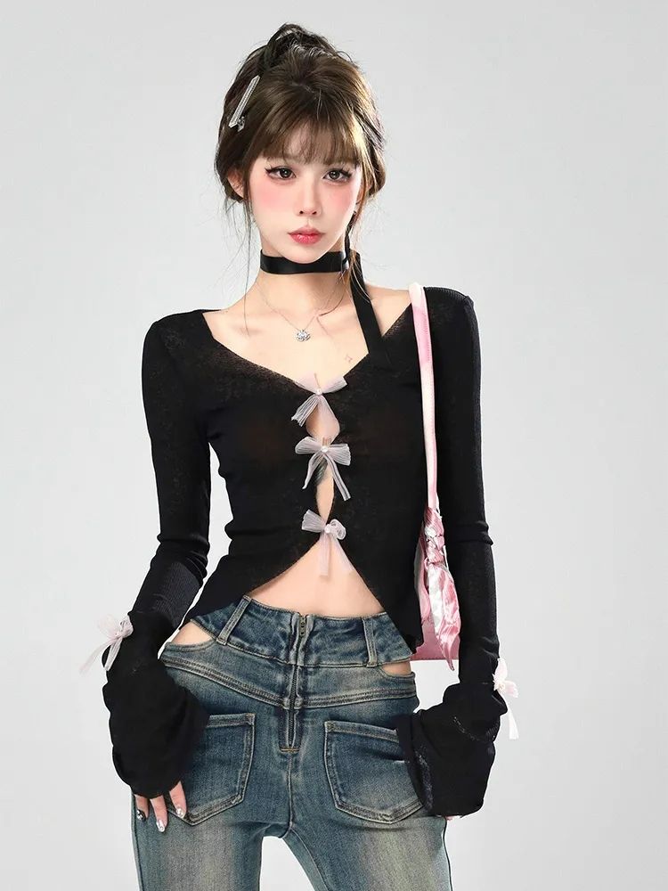 辣妹純欲防曬衫長袖T恤掛脖吊帶兩件套女夏季蝴蝶結內搭短款上衣