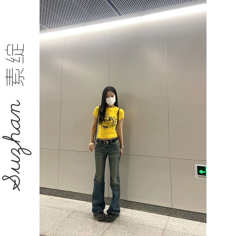 小眾設計感y2k黃色短款t恤女夏季復古新款印花圓領顯瘦正肩上衣服