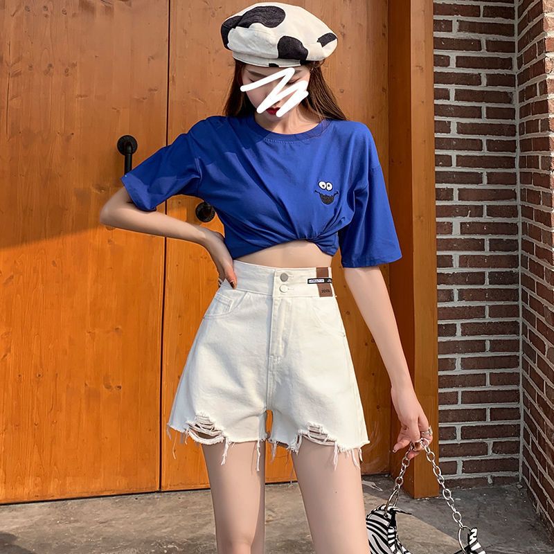 新款闊腿牛仔短褲女夏季 百搭高腰學生2023寬鬆顯瘦破洞熱褲ins潮