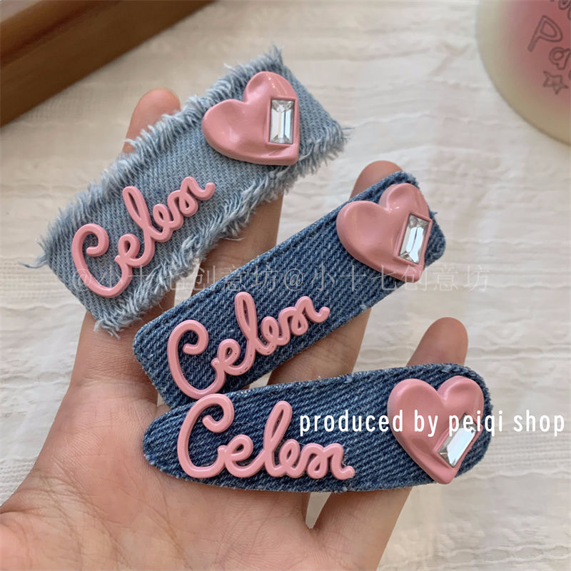 Design sense sweet and cool denim hair clip pink love letter hair card high value bangs side bb clip hair accessories female